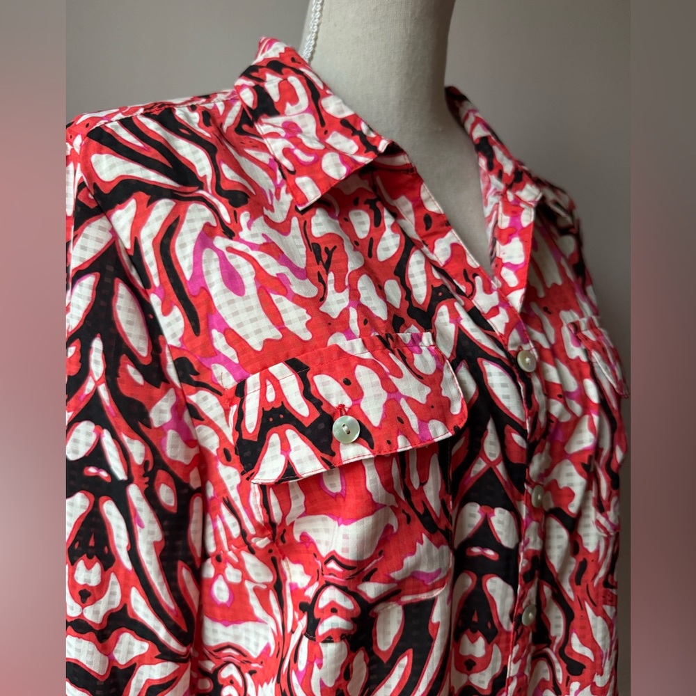 Notations Red Black Pink Women's Retro Patterned Button-down Top Blouse Size L